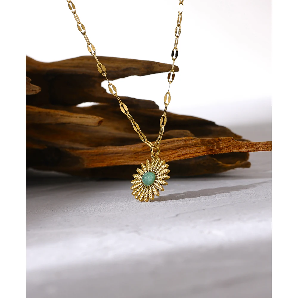 Yhpup 316L Stainless Steel Accessories Trendy Flower Natural Stone Pendant Necklace Charm Metal Collar Golden Fashion Jewelry