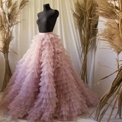 Custom Made Hot Gorgeous Dusty Roze Ruches Bridal Tulle Rokken A-lijn Tiered Puffy Tutu Rok Rits Party Tutu