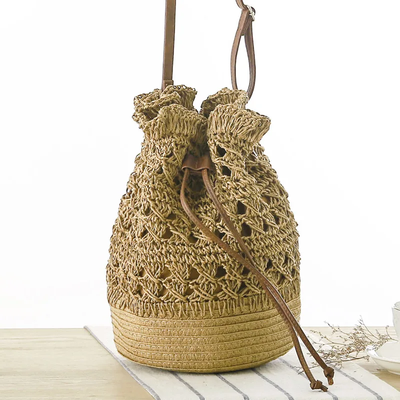 20x28CM New Hollow Bucket Woven Bag Shoulder Beach Bag Seaside Vacation Straw Bag Women a7236