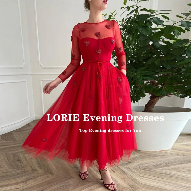 LORIE Rot Prom Kleider Oansatz Perlen A-Line Lange Ärmeln Tee Länge Polka Dot Tüll Arabisch Hochzeit Party Kleid für Graduation