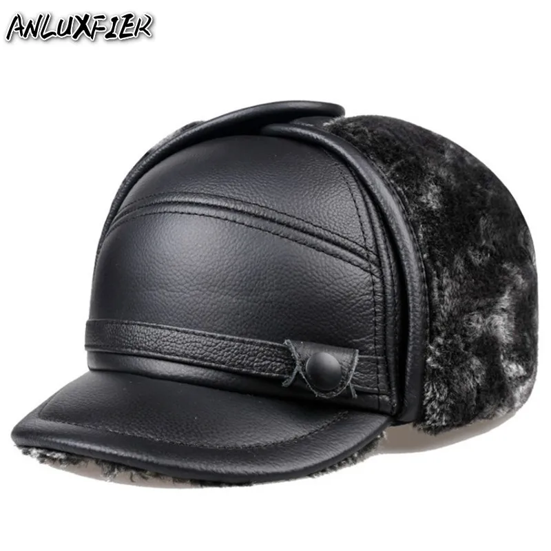 B-7278 New Earmuffs Genuine Leather Hats Faux Fur Baseball Caps Thicken Warmer Winter Male Flat Hats Real Cowhide Leather Hats