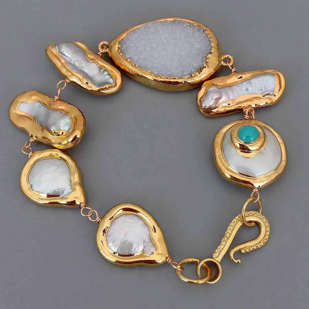 YYGEM  Cultured White Coin Biwa Freshwater  Pearl AgatesDruzy With Electroplated Wrap Bracelet 8.5