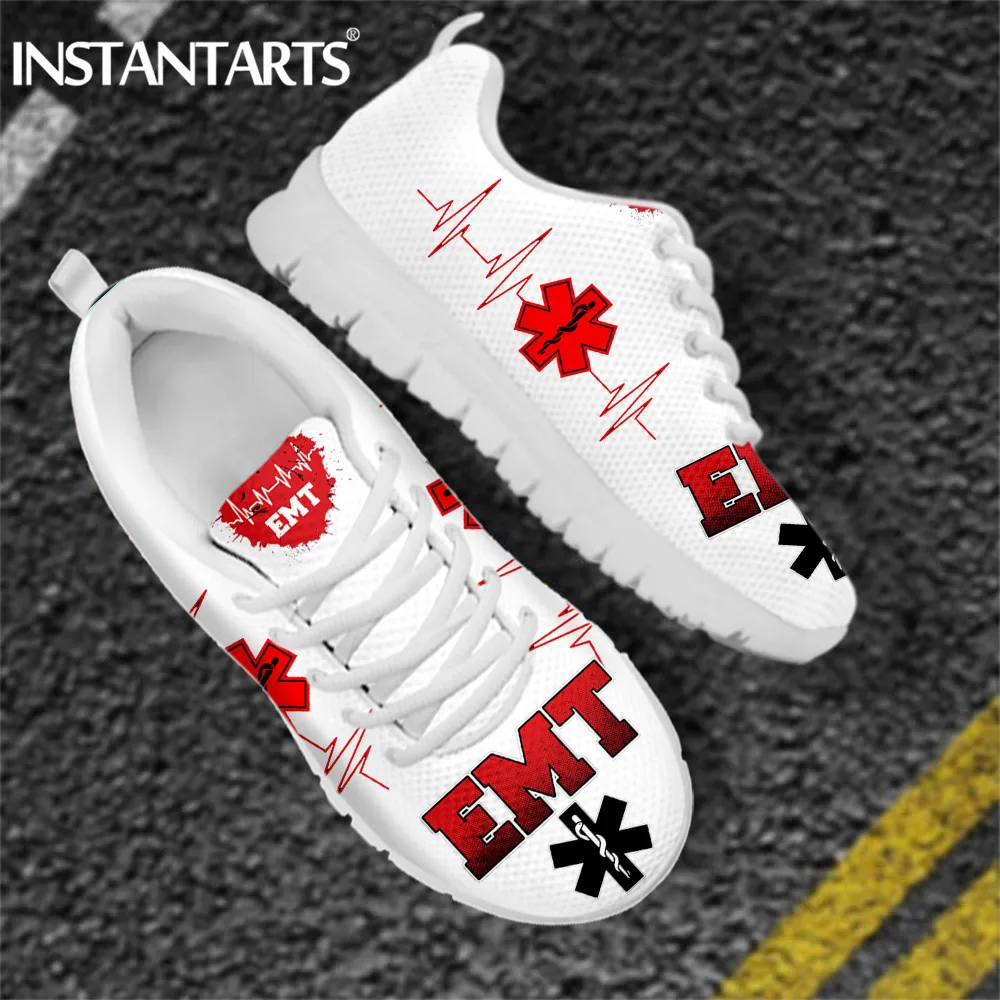 INSTANTARTS Casual Woman Nurse Shoes Paramedic Heartbeat EMS EMT Doctor Medicine Design White Flats Sneakers Female Mesh Loafer