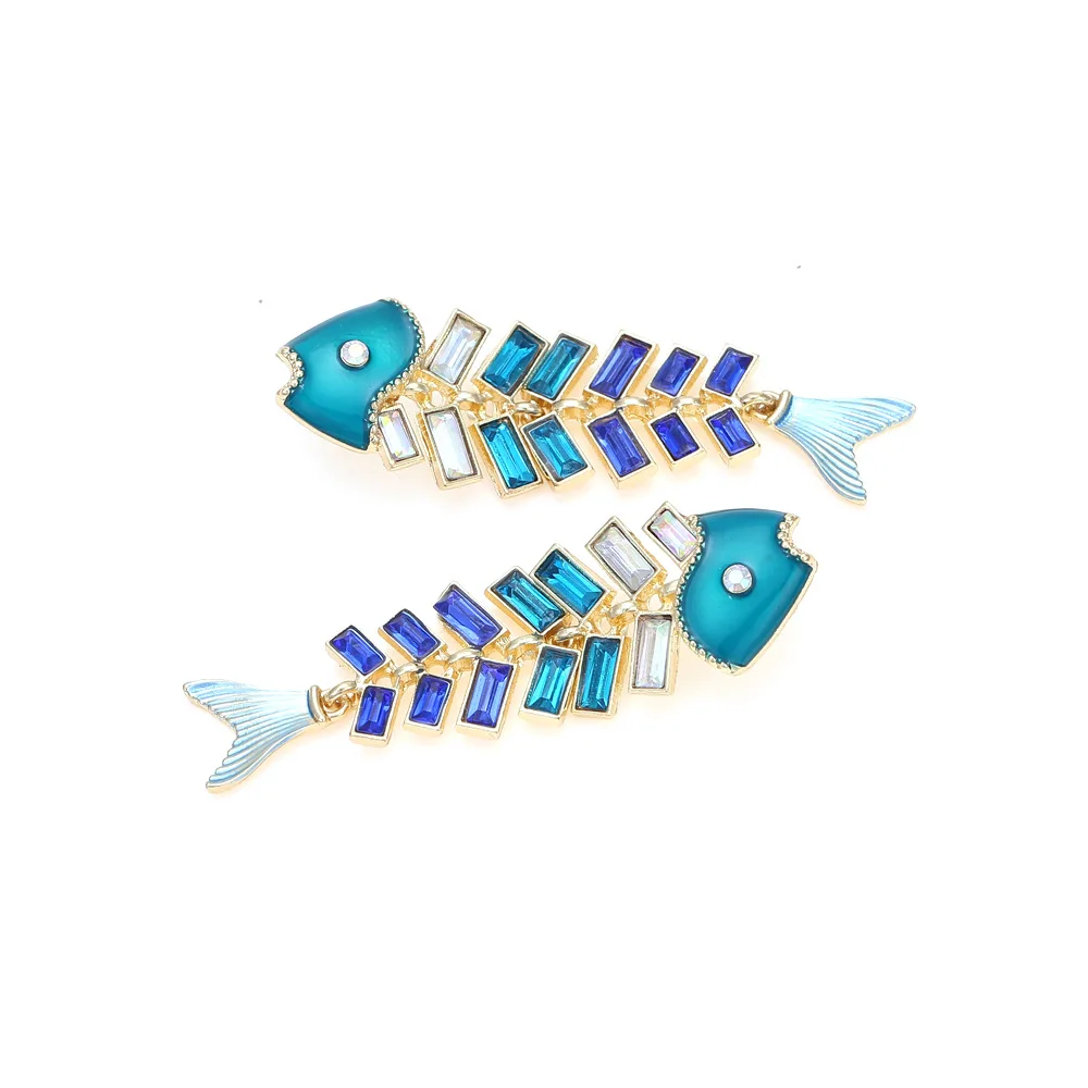 Creative Colored Rhinestone Fishbone Earrings Personality Temperament Splicing Animal Earrings