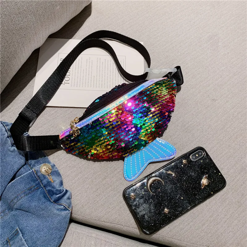 Accessories Creative Fashion Laser Sequined Fishtail Purses Kids Waist Bag Single Shoulder Chest Bag Mobile Coin Purse Shiny Bag