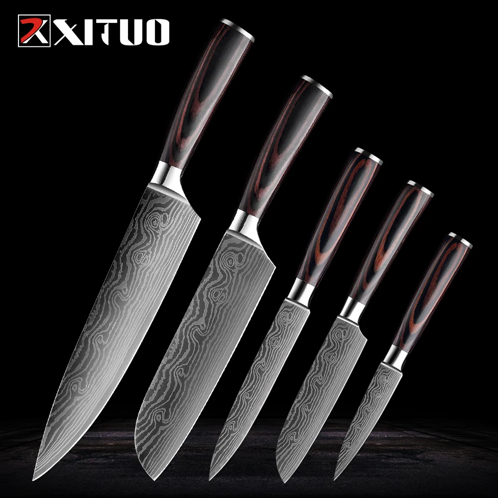 XITUO stainless steel kitchen knives set Japanese chef knife Damascus steel Pattern Utility Paring Santoku Slicing knife Health