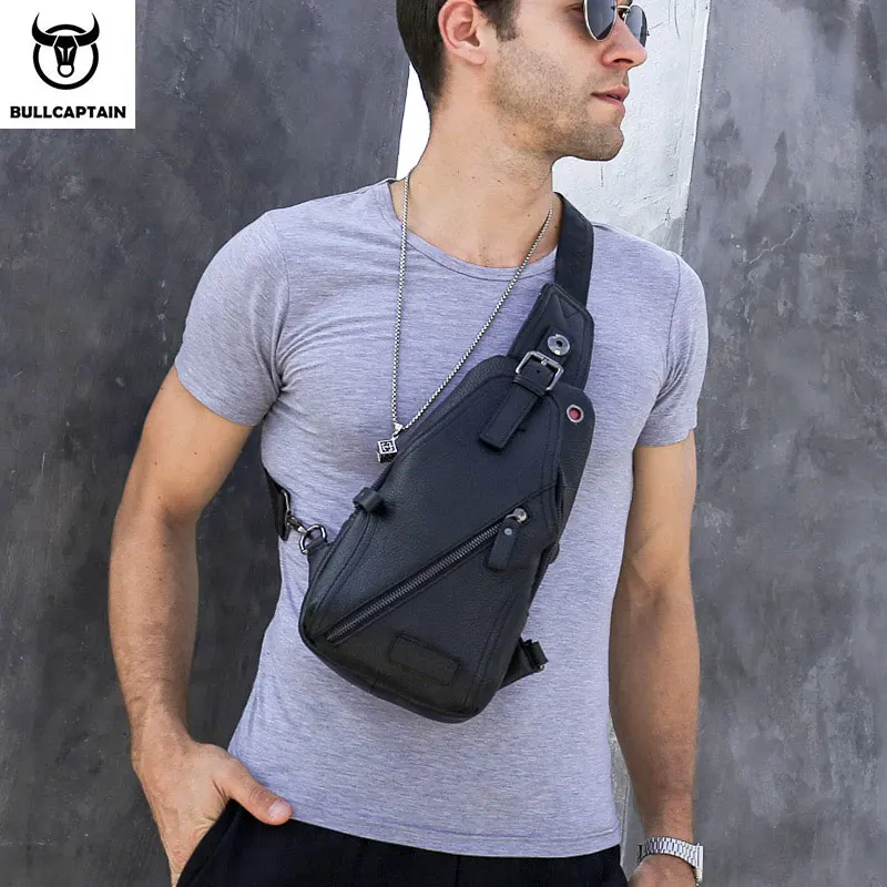 BULLCAPTAIN-Bolso de pecho para hombre, bandolera informal de cuero genuino, multifuncional, con cremallera para teléfono móvil