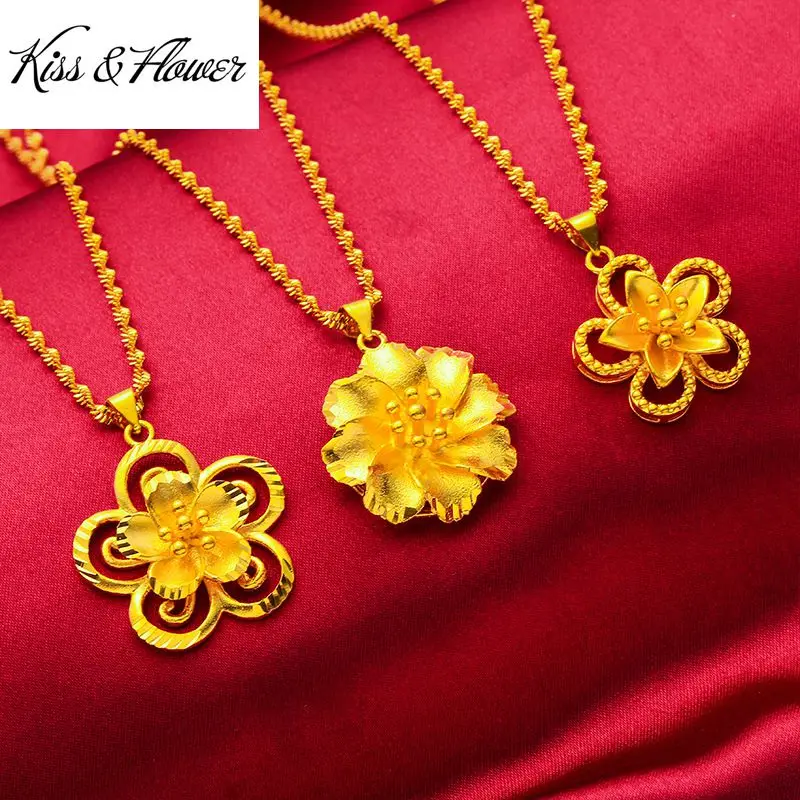 

KISS&FLOWER NK117 Fine Jewelry Wholesale Fashion Woman Girl Birthday Wedding Gift Exquisite Flower 24KT Gold Pendant Necklaces