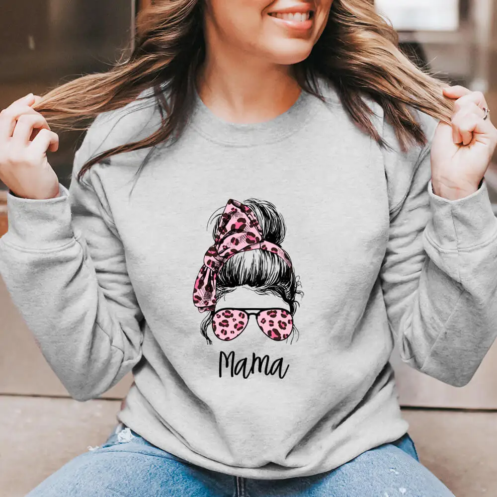 Mom Skull Leopard Pink Bow 100%Cotton Printed Women Sweatshir Momlife Spring Autunm Casual O-Neck Long Sleeve Top Gift for Mom