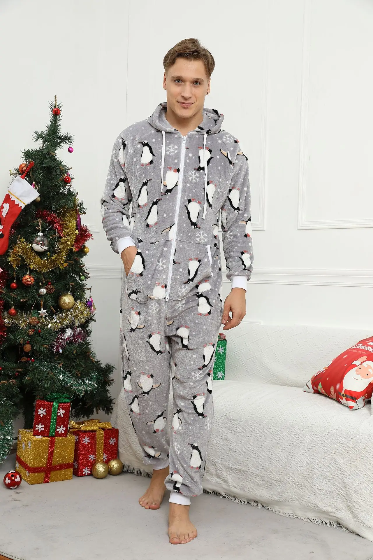 Christmas Long Sleeve Pajamas Men Adults Winter Flannel Jumpsuit Onesie Grey Print Sleepwear Pijama