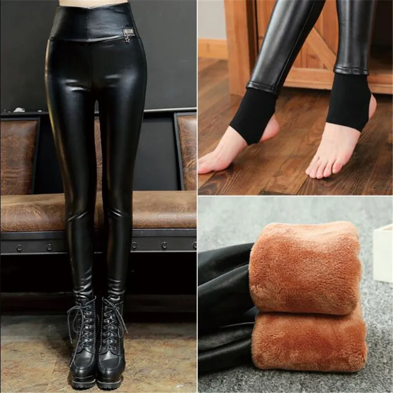 Autumn and winter 2019 new Korean style Women pants leather pants women\'s high waist Plush thickened elastic PU leather