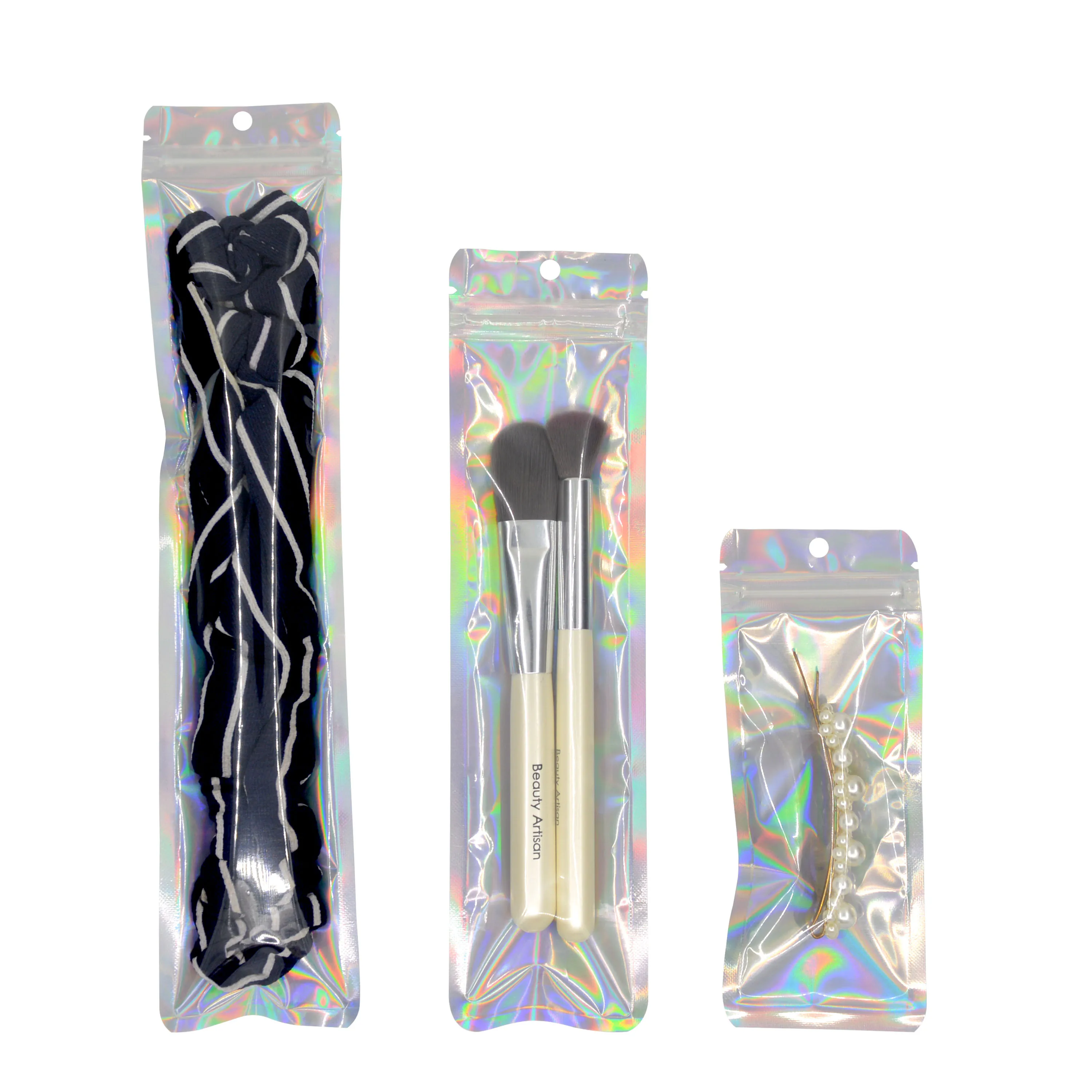 100 Pcs Hologram Aluminum Foil And Transparent Zip Lock Bags Long Plastic Pouch Watch Pen Jewelry Cosmetic Usb Data Cable Bags