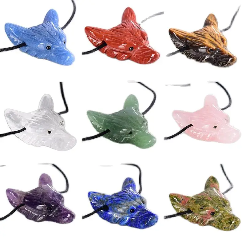 

Wolf Head Pendant Natural Stone Chakra Necklace Mini Animal Figurine Amethyst Crystal Rose Quartz Healing Reiki Jewelry Gift