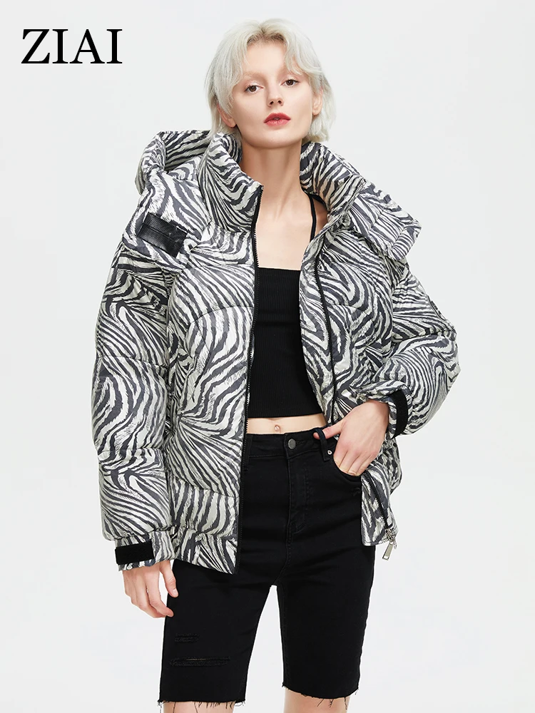 ZIAI New Winter Women's Jacket Padded Coats Female Oversize Short Parkas Fashion Cuff Zebra Pattern Warm Thick Coat Women ZR7288