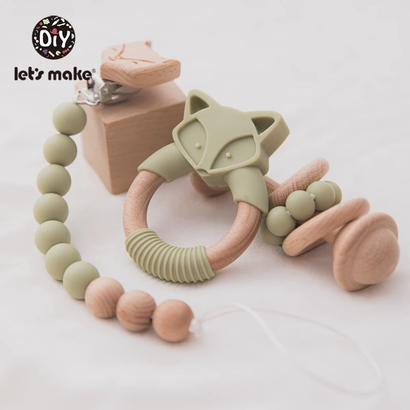 Let's Make 3pcs/set Baby's Beech Silicagel Rattle Suit Fox Teether Food Grade Free BPA Baby Toys Gift Products Kids With Box