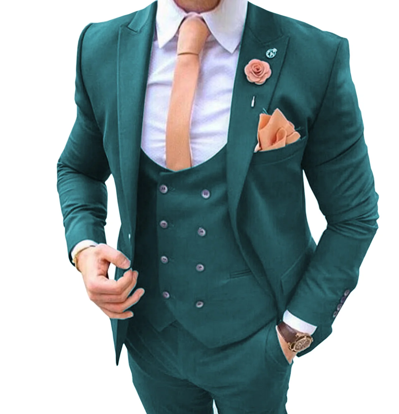 Casual Men\'s Suits Slim Fit 3 Pieces Wedding Groom Tuxedos Blazer Tux Vest Trousers Prom Suit Turquoise 2023 New