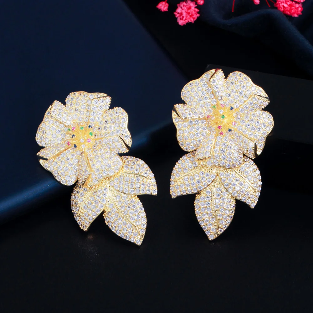Pera Luxury Dubai Gold Color Large Flower Leaf Drop CZ Zircon Women Banquet Party Long Dangle Earring Statement Ear Jewelry E767