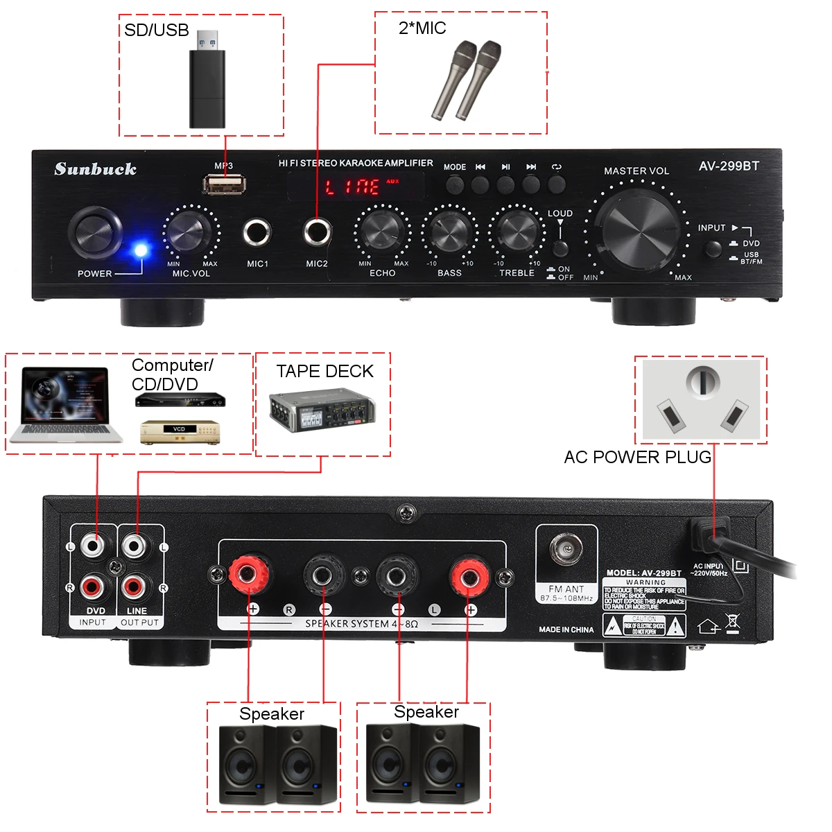 Amplificatore di potenza Stereo 2CH 5.0 W 50Hz di ingresso del microfono di USB FM 2000 bluetooth MP3 2 di SUNBUCK Home Theater amplificatori AV-299BT