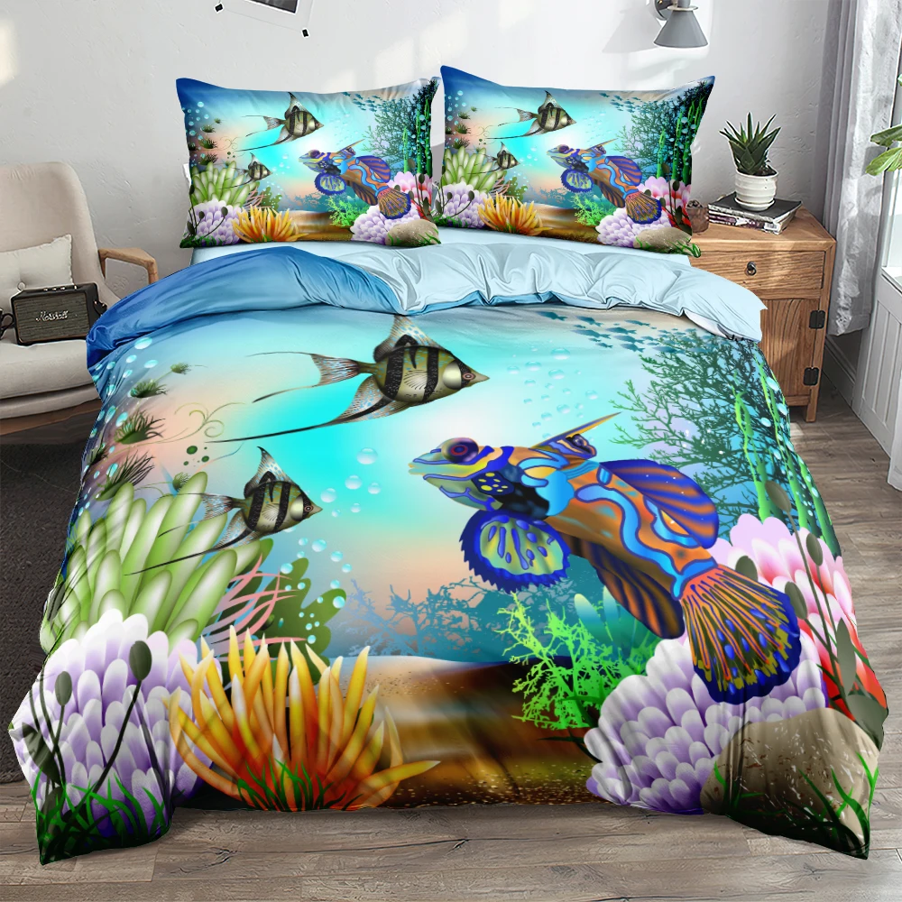 3D Cartoon Tropical Fish Duvet Cover Set Deep Sea Quilt Cover Set Twin Queen King Size 265x230cm Bed Linen for Children Adults