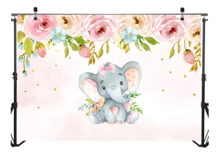 7x5FT Pink Flowers Lilac Sky Girl Elephant Baby Shower Custom Photo Backgrounds Studio Backdrops Vinyl 220cm x 150cm