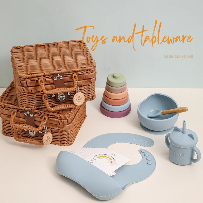 Baby Toys Gifts Sets With Exquisite Box Baby Silicone Tableware Wood Rattle Toy Milestone Cards Rainbow Building Block For Kid