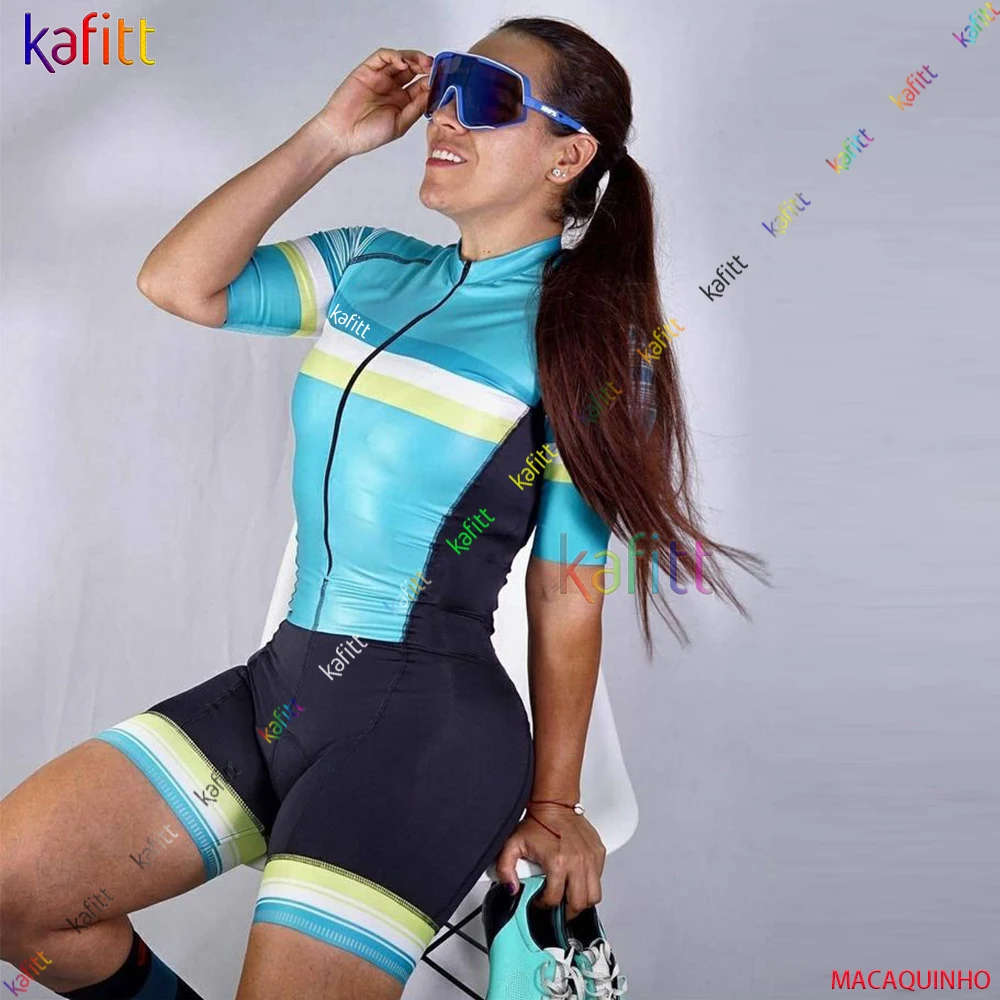 

Kafitt Women's Blue Short Sleeve Cycling Clothes Triathlon Skinsuit Sets Go Pro Macaquinho Ciclismo Feminino Bike Jumpsuit Kits