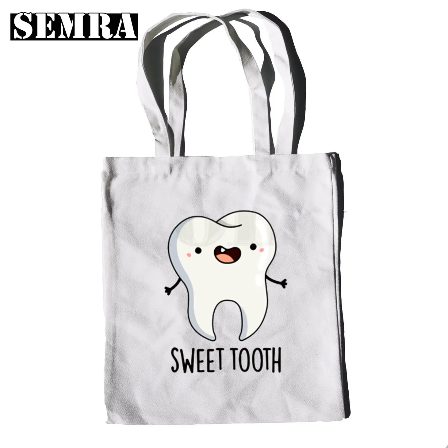 Tooth and Dentist Graphic Aesthetic Funny Fashion Black Canvas Print Shopping Bags Girls Fashion Life Casual Pacakge Hand Bag