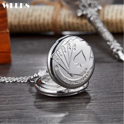 Necklace Pendant Quartz Pocket Watch Poker Cards Laser Engraved Sliver Small Fob Chain Clock Gifts for Boys Men Women Reloj