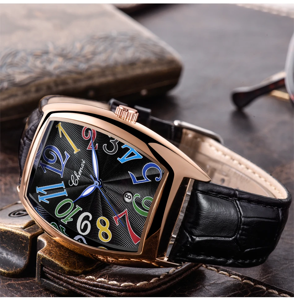 Men Watches Top Brand Luxury CHENXI Tonneau Watches Men Leather Band Auto Date Quartz Wriswatches Fashion Business Watch 2021