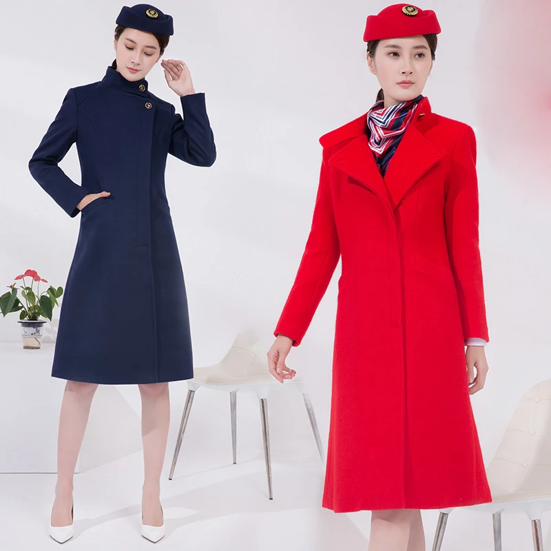 

Air China CAAC stewardess overcoat women winter long uniform slim knee Length Robe Coat woollen Flight stewardess Clothing Lady