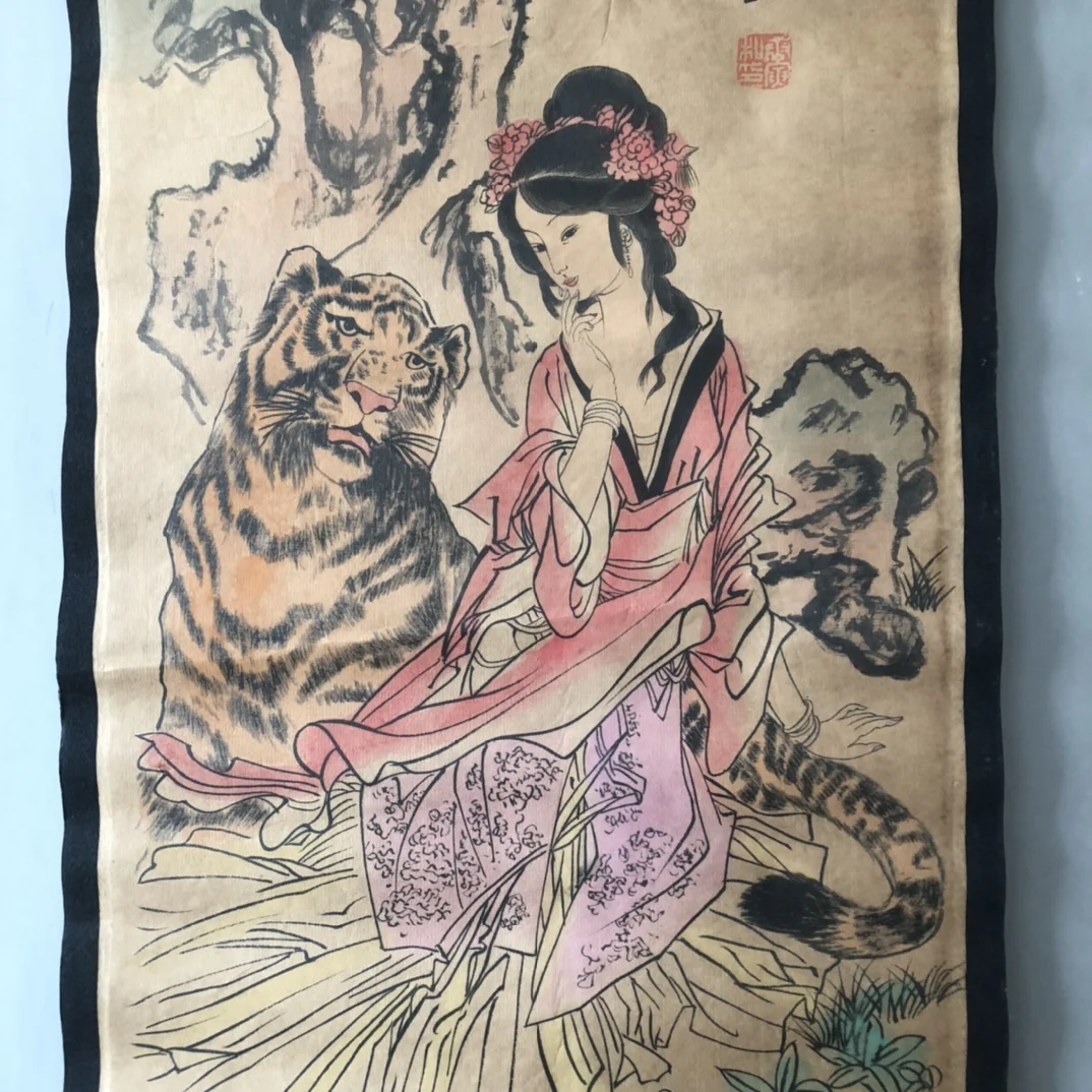 Chinese painting tiger woman living room central scroll painting celebrity calligraphic painting retro quadruple murals home dec