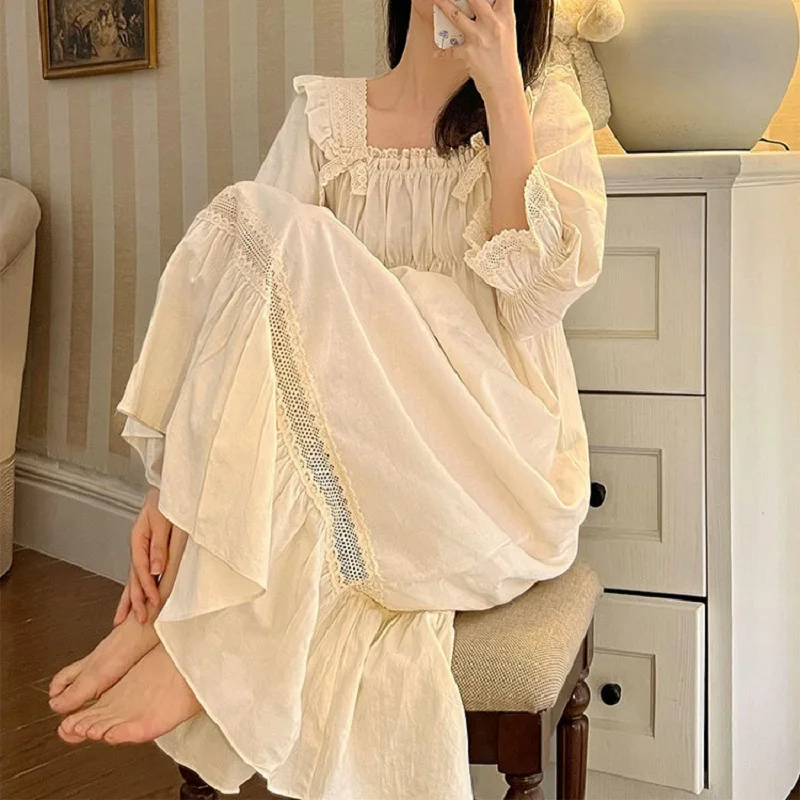 New  Elegant Sweet Cotton Long Nightgowns For Women Long Sleeve Vintage Embroidery Nightshirts Comfortable Night Dress