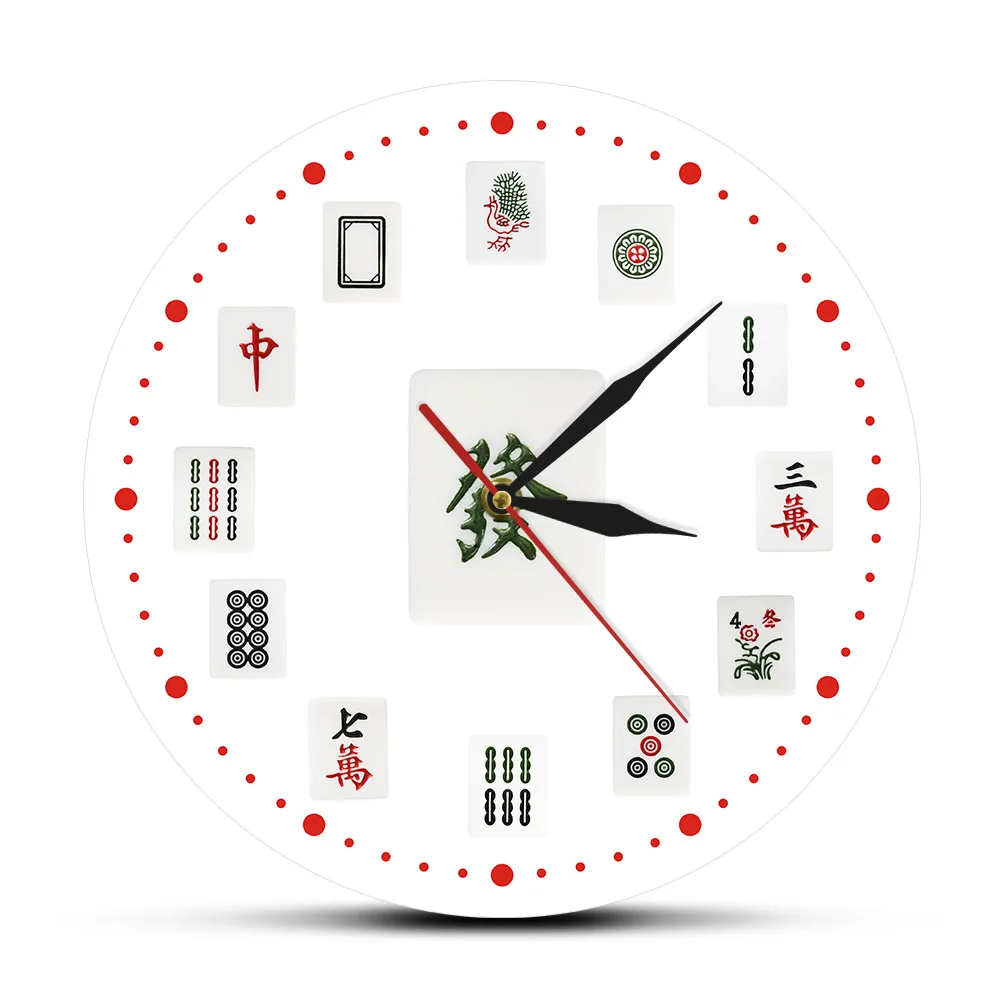 Mahjong Art Decorative Wall Clock Chinese Mahjong Tiles Modern Printed Acrylic Wall Watch Tournaments Party Game Room Decoration