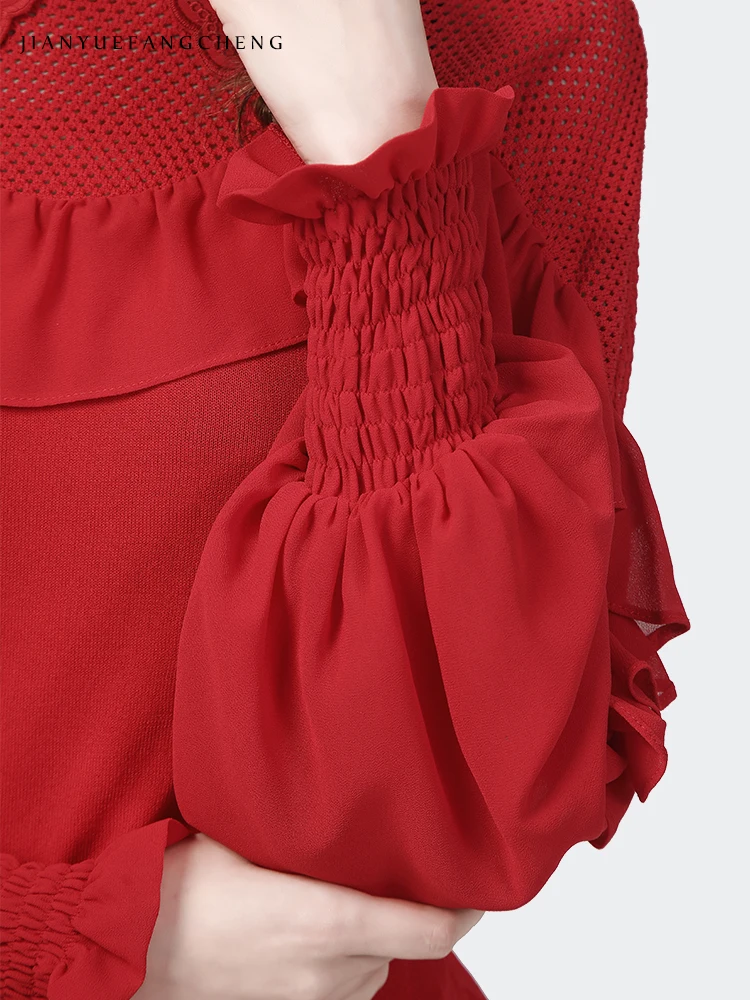 2023 Spring New Womens Long Sleeve Embroidered Knitted Shirt Elegant Ruffles Pointed Collar Red Lantern Sleeve Pullovers Tops