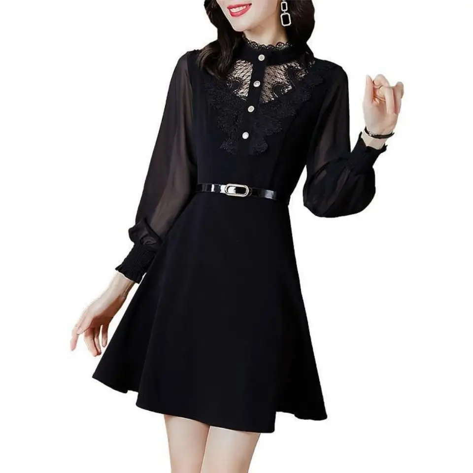 Chiffon Lace Dresses Lady 2023 New Spring Summer Long Dresses Female Oversize Waist Slim Black Long Sleeve Dress Women Clothes