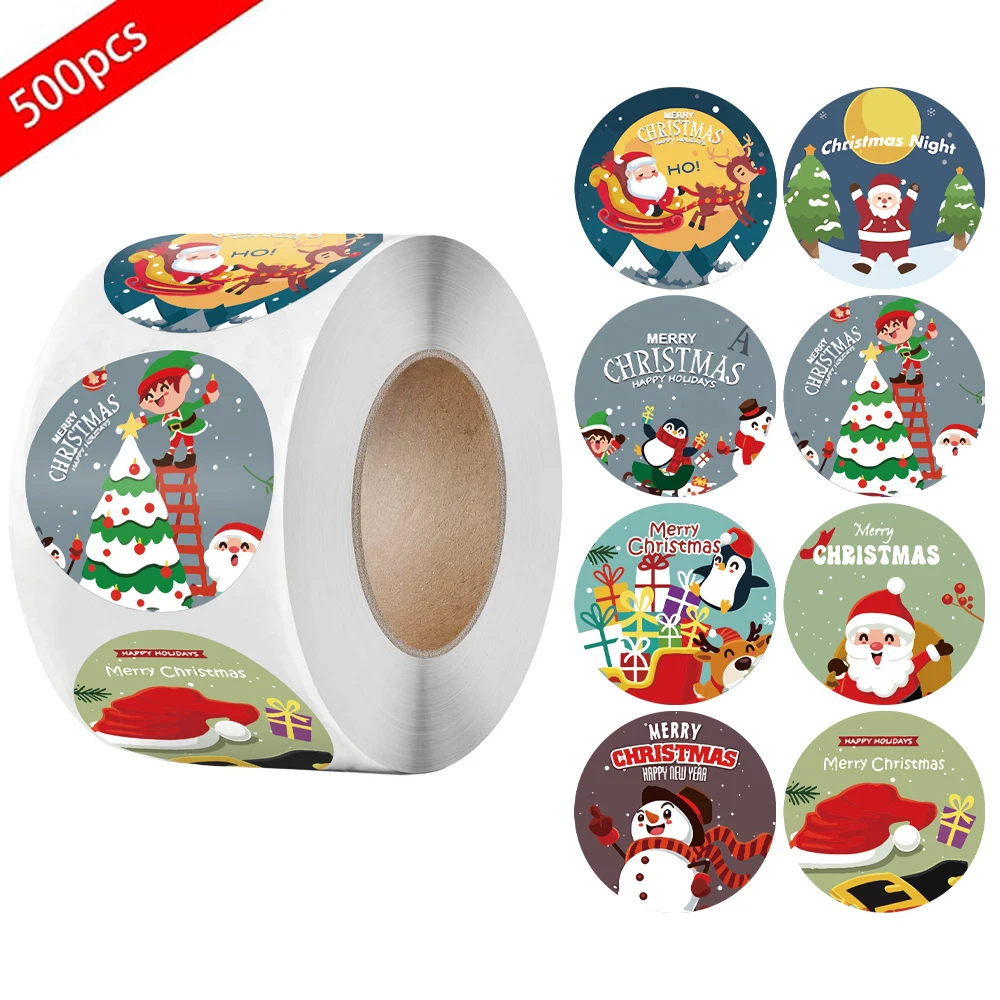 500 Pcs Christmas Stickers 1 Inch 8 Designs Pattern Cartoon Reward Stickers for Kids Toys Gift Envelope Seal Labels Stickers