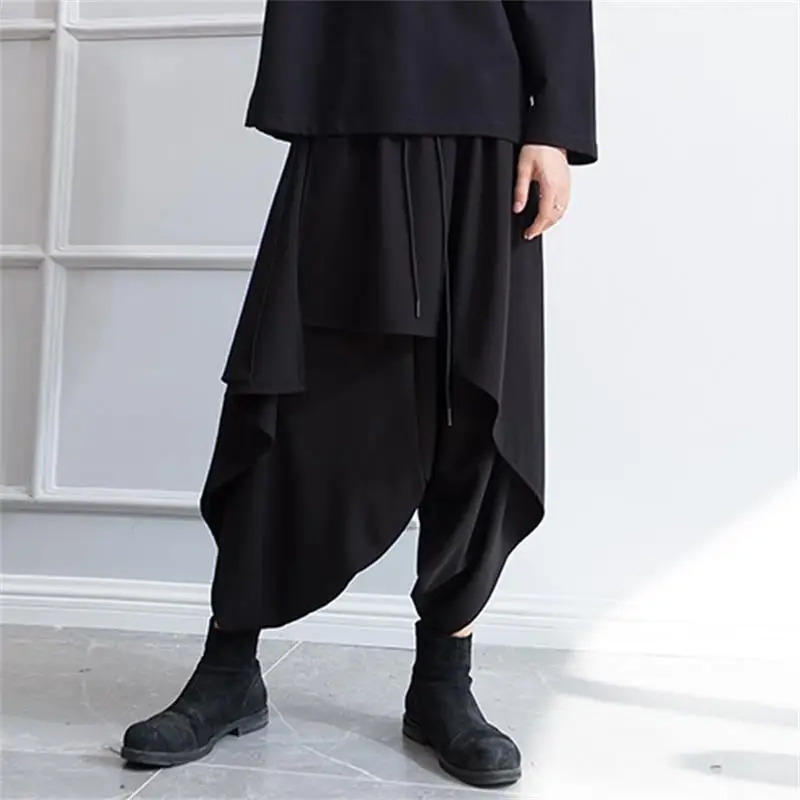 

Men's trousers spring and autumn style loose skirt trousers nine minute trousers black irregular men's harem casual trousers