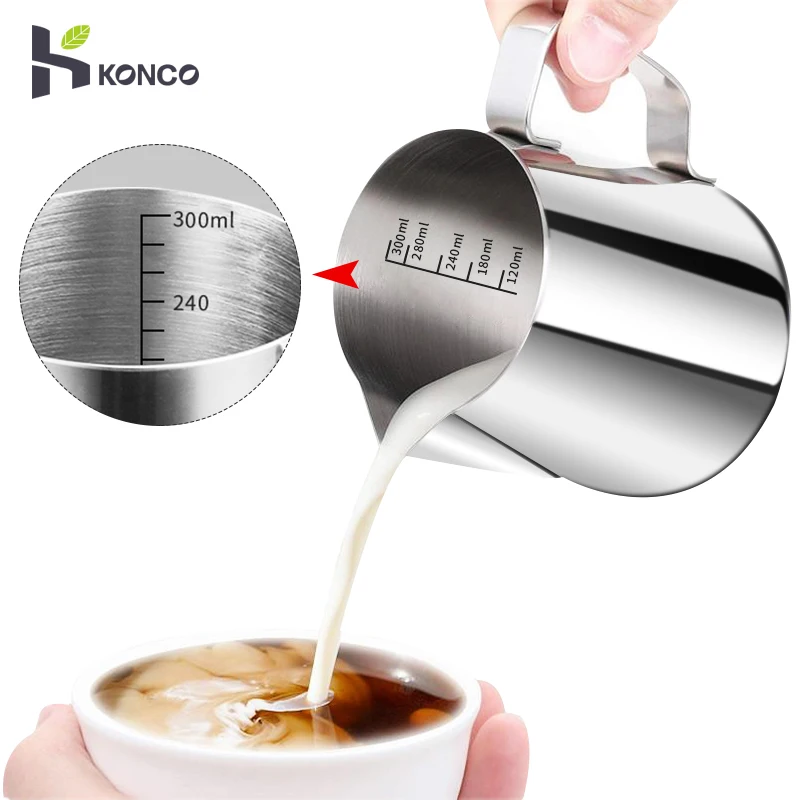 Konco Inner Scale Espresso Coffee Milk Frothing Pitcher Stainless Steel Creamer Macchiato Cappuccino Latte Art Maker Pitcher Cup