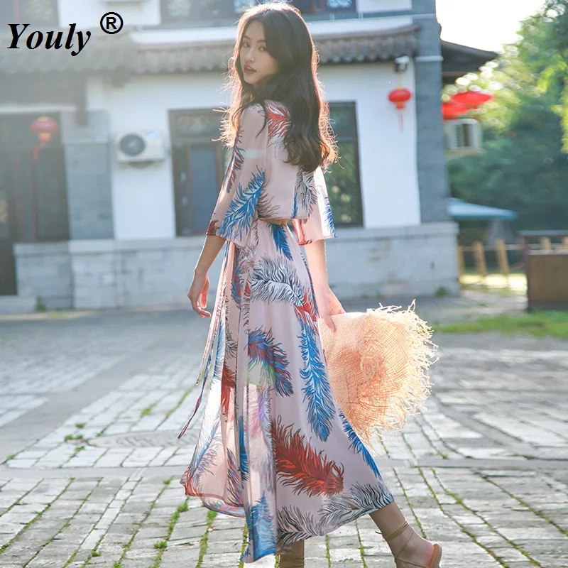 

Beach Boho Long Dress Women 2022 Summer Vintage Print Casual Loose Hollow Out Party Long Dress Sexy Lace Up Dress