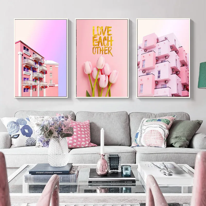 Pink Girlish Style Building And Beautiful Tulip Bouquet Princess Room Living Room Home Decoration Poster Printing Art Photo