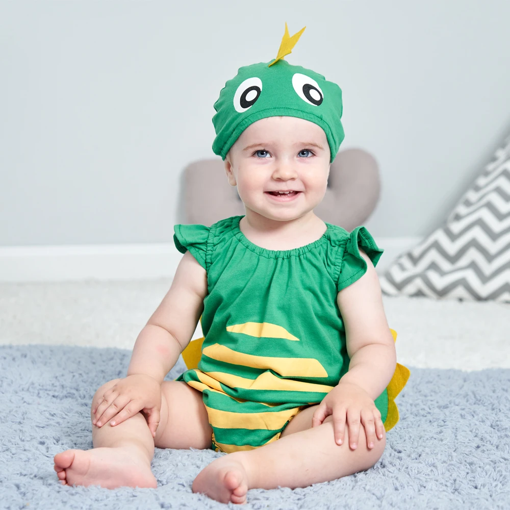 6-24M Infant Baby Boys Green Dinosaur Costume Summer Short Romper Bodysuit 2pcs/set Birthday Photoshoot Halloween Fancy Dress