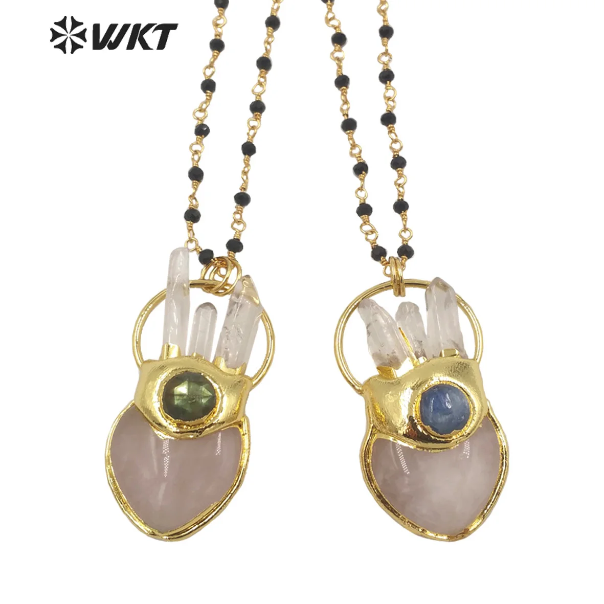 WT-N1348 Fashion Chic Lady Natural Gemstones Heart Shape Rose Crystal with Crystal Pendant Necklace Pink Quartz Necklace Jewelry