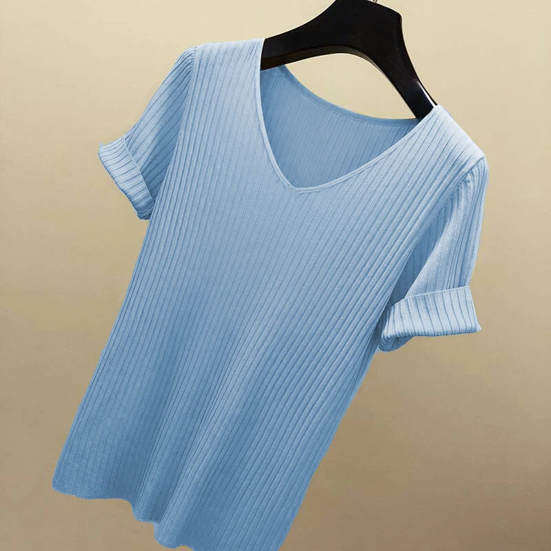 AOSSVIAO 2026 Basic V-Ausschnitt Einfarbiger Dünner Sommer Damen Pullover Weiblicher Dünner Gerippter Strickpullover Schlanker Kurzarm Bodycon Pullover – Detail 16
