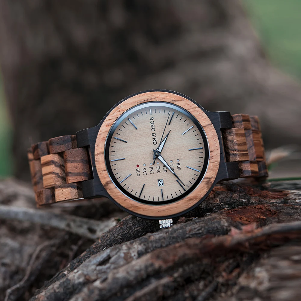 BOBO BIRD Nuevo Reloj de Madera para Hombres con Visualización de la Fecha y Semana Relojes de Cuarzo de Dos Tonos de Madera Envío Directo