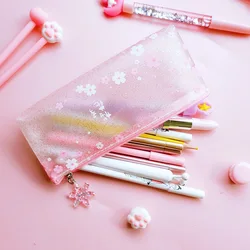 Sweet Pink Pencil Bag Glittering Frosted Sakura Kawaii Pencil Cases Pouch School Office Supplies Korean Stationery Organizer