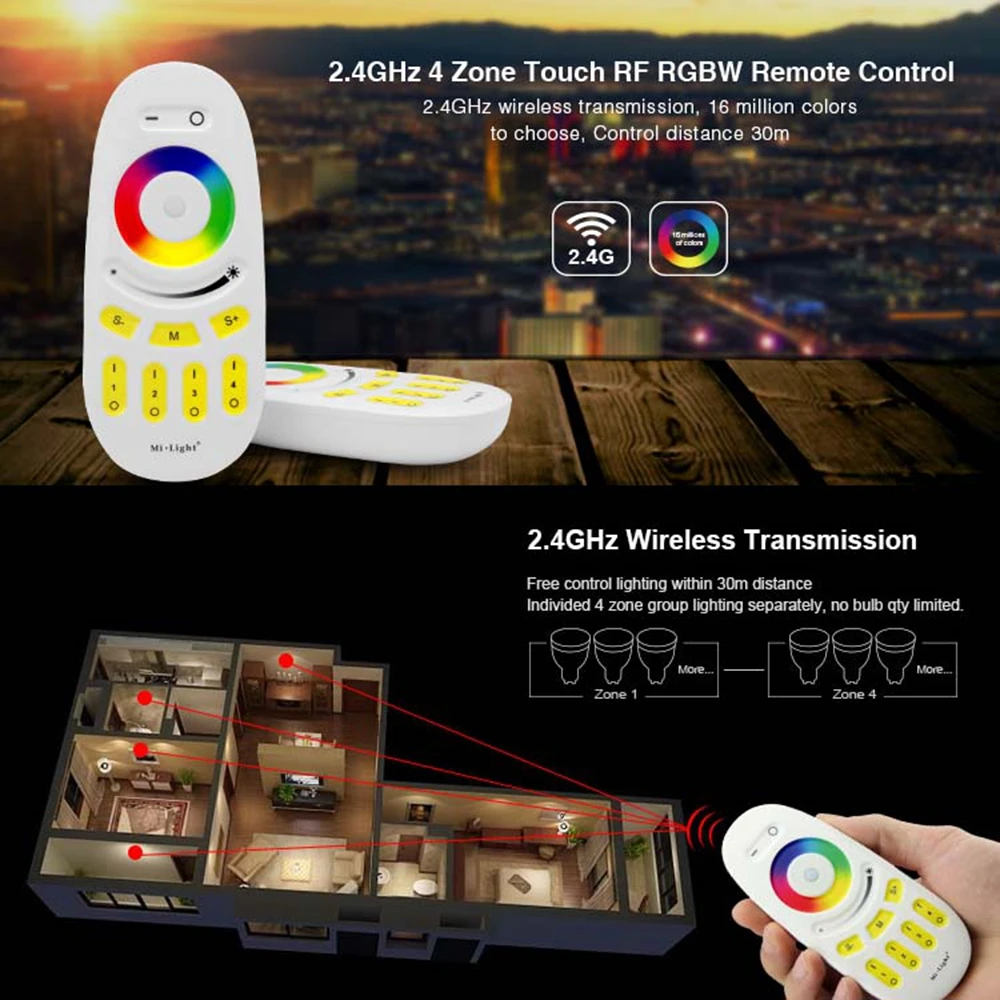 Milight RGBW LED Controller MiBoxer 4-Zone FUT096 RGBW Remote 2.4G WIFI WL-BOX1 For 2835 5050 RGBW LED Strip Light DC12-24V