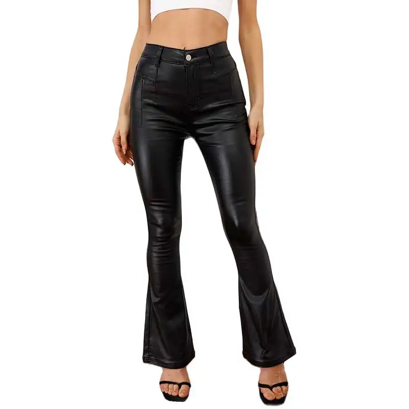 Winter Black PU Leather Flare Pants High Waist Sanded Leather Pants Wide Leg Pants Women