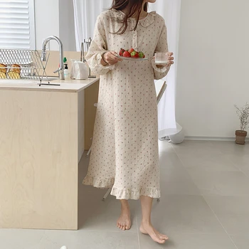 Ruffles uyku elbise kadın uzun kollu Kawaii kiraz baskı kore pijama gecelik uzun elbise sonbahar zarif Casual gevşek A001