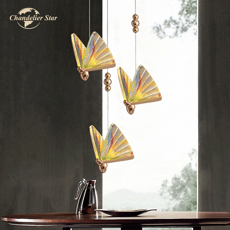 Nordic LED Chandeliers Lighting Postmodern Alumium Acrylic Colorful Butterfly Pendant Hanging Lamps Bedroom Living Room Lights