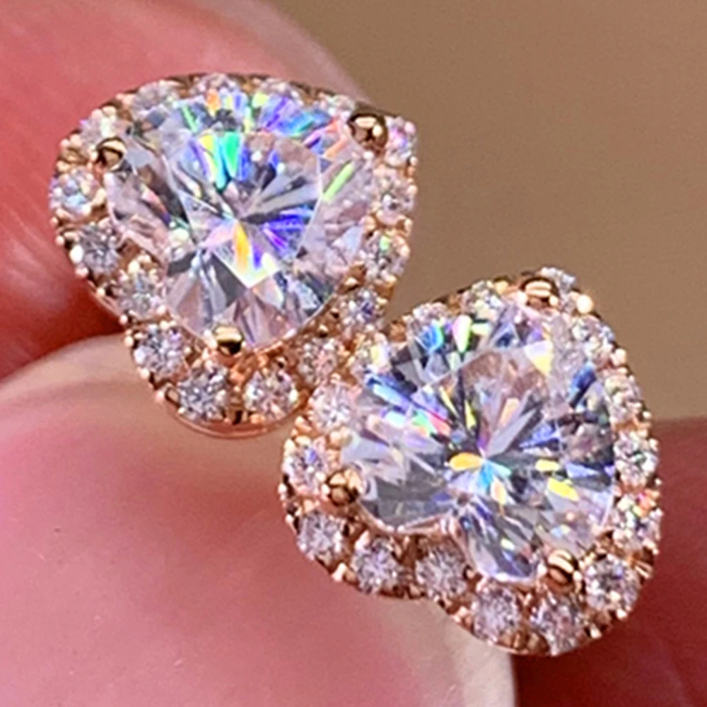 Custom Solid 18K Rose Gold Stud Earrings Women 0.5 1 2 3 Carat Heart Moissanite Diamond Wedding Anniversary Engagement Party